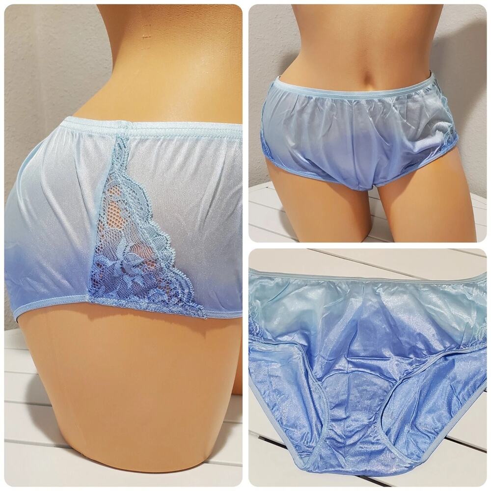 Shadowline 11182 Lace Insets Bikini Panty Shiny Nylon Ombre Cloud Blue 8/XL
